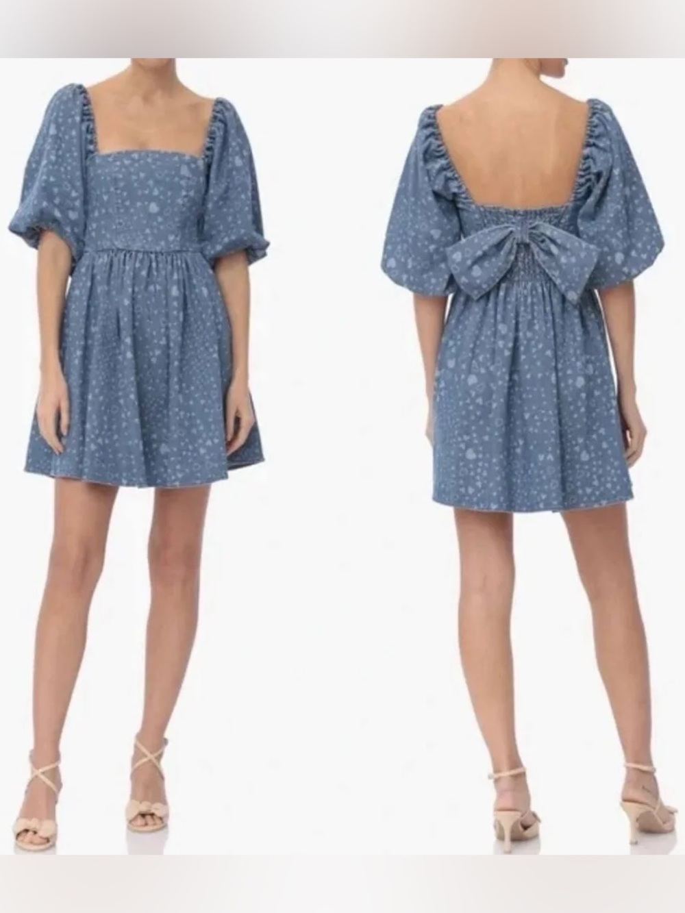 Avec Les Filles Blue Heart-Print Puff Sleeve Dress NWT *Nordstroms*